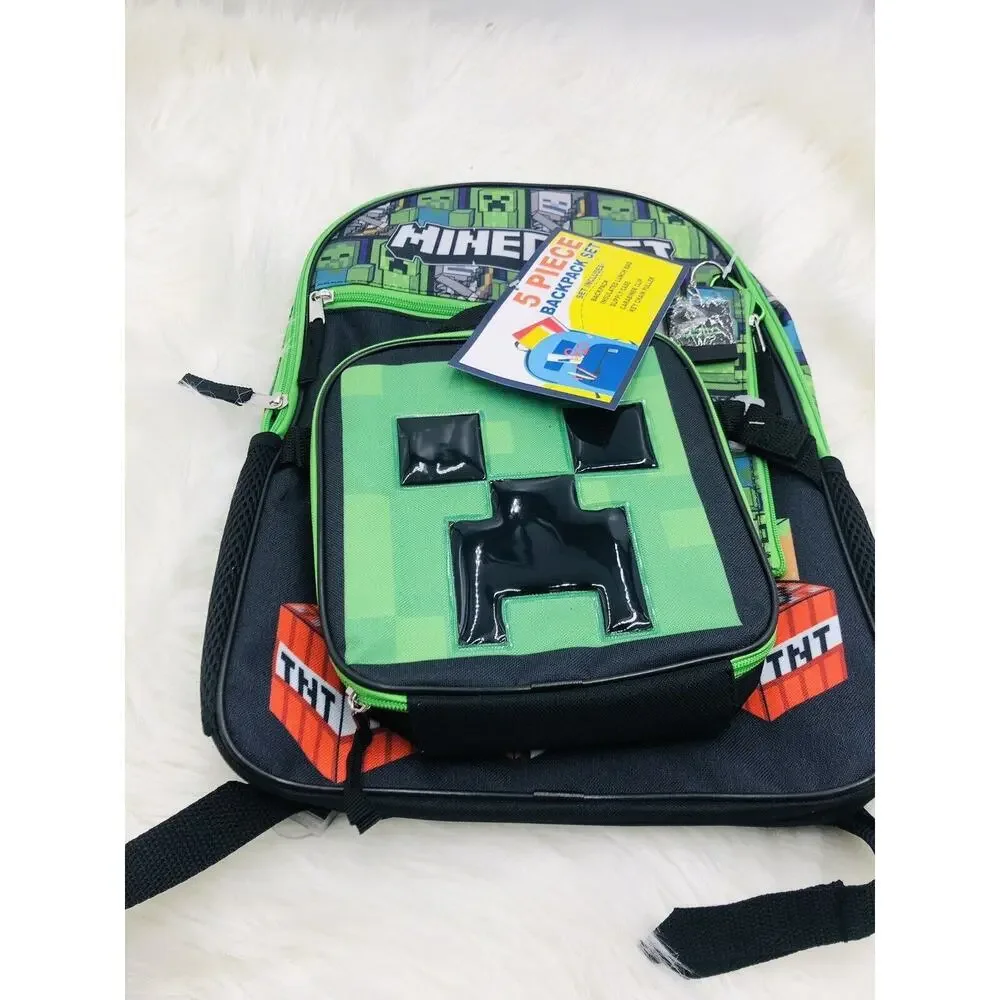 Minecraft 5 Piece Backpack Set‎ Creeper Face Insulated Lunch Bag Keychain Puller
